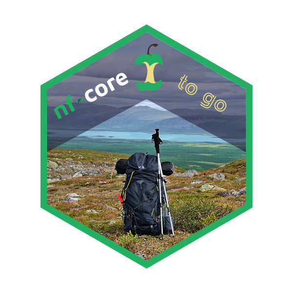 A hexagonal photo of a hiking backpack in a rocky landscape, captioned with "nf-core to go" above it.